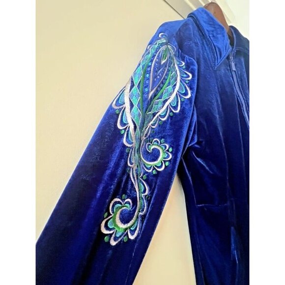 Medium Bob Mackie Blue Velvet Paisley Embroidered Wearable Full Zip Track Jacket - Picture 4 of 9